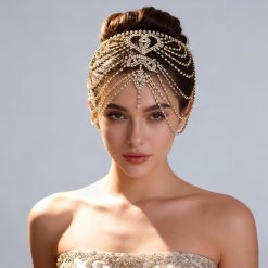 Gold-Tone Heart Rhinestone Draped Headpiece