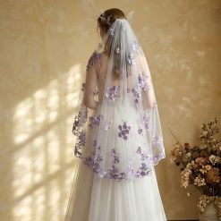 Fingertip Bridal Veil Hair Comb with Purple Floral Lace