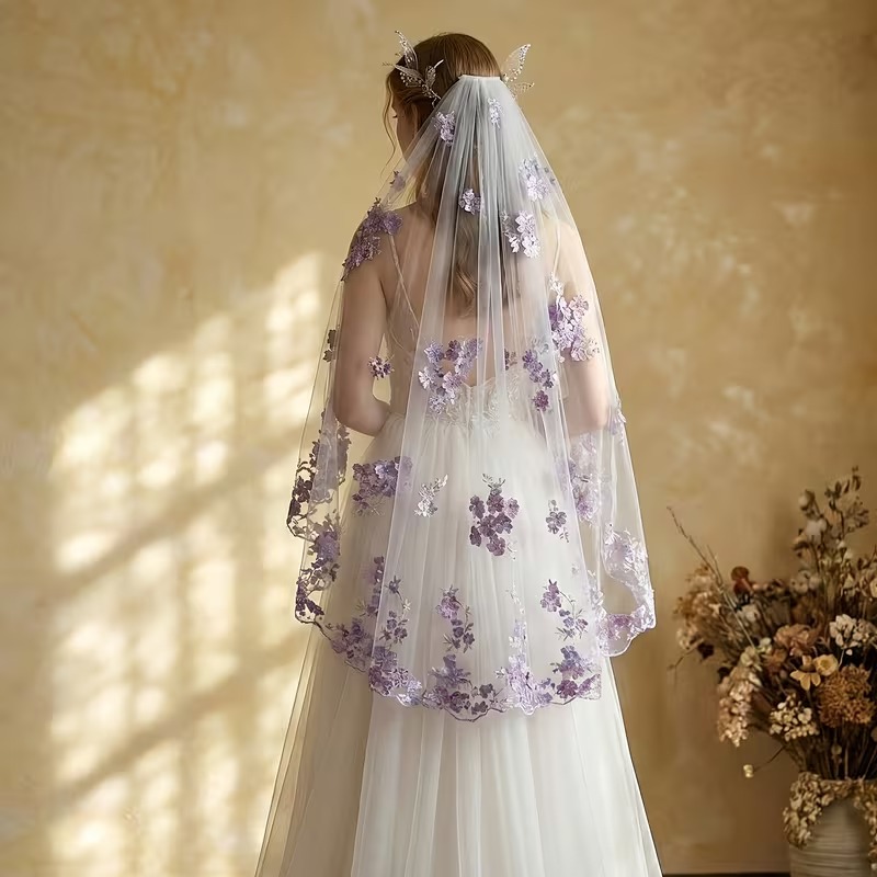 Fingertip Bridal Veil Hair Comb with Purple Floral Lace